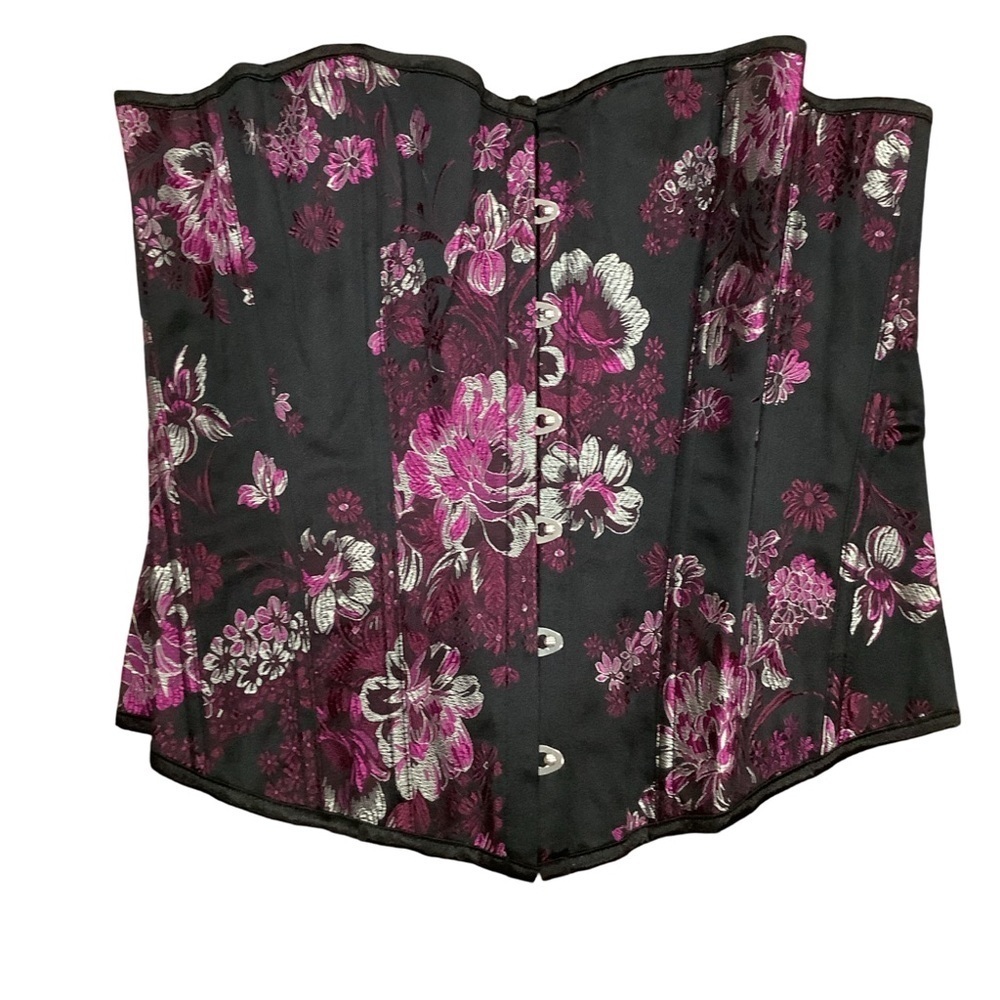 Vintage Floral Size XL Corset Black & Purple Corset W/ Front Clasp & Satin Tie.